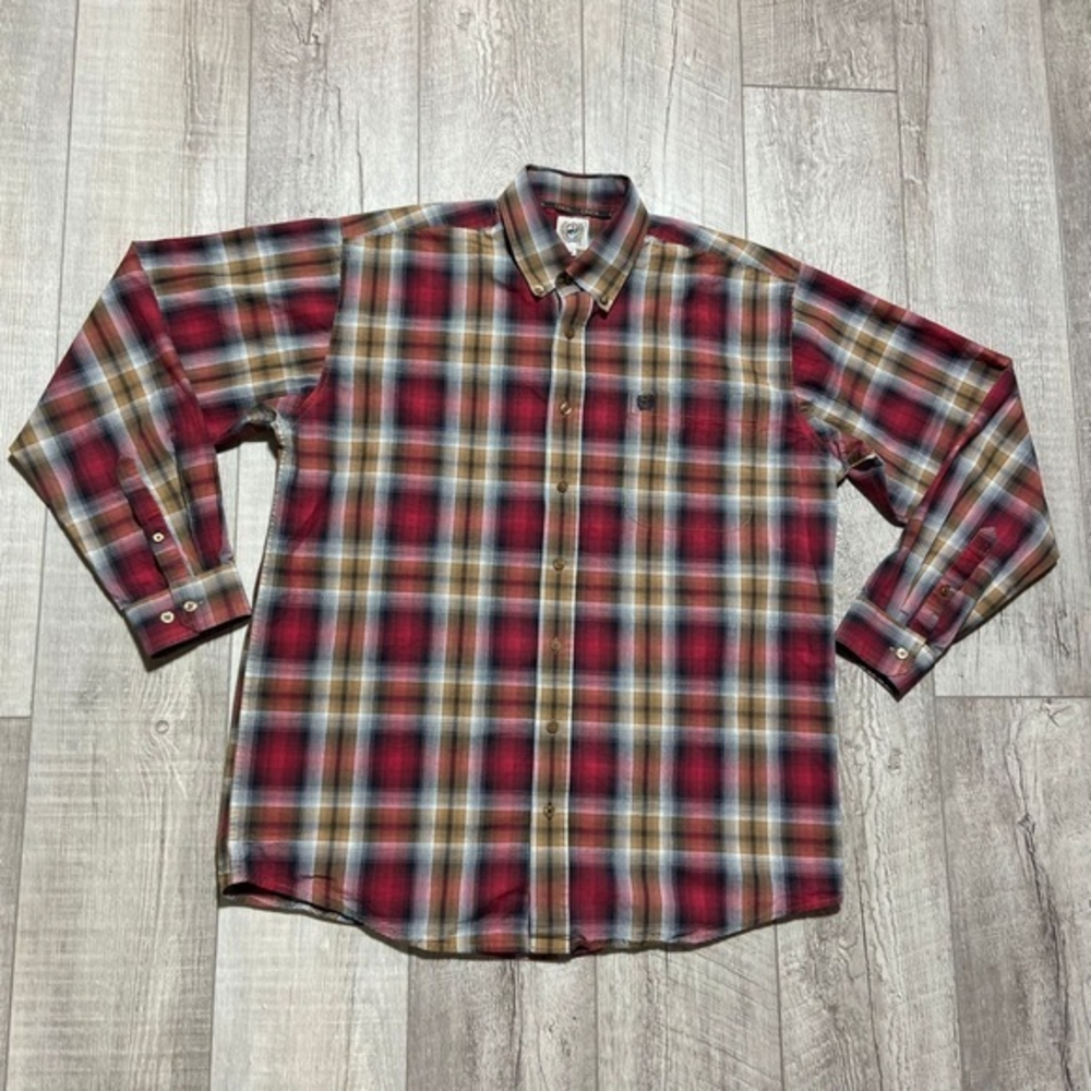 Cinch M Men’s Long Sleeve Button Down Shirt Burgundy Plaid EUC Flip Cuff Western